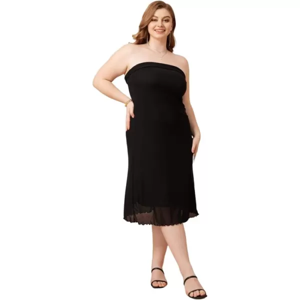 WDIRARA Women's Solid Mesh Strapless Backless Tube Bodycon Party Midi Club Dress
