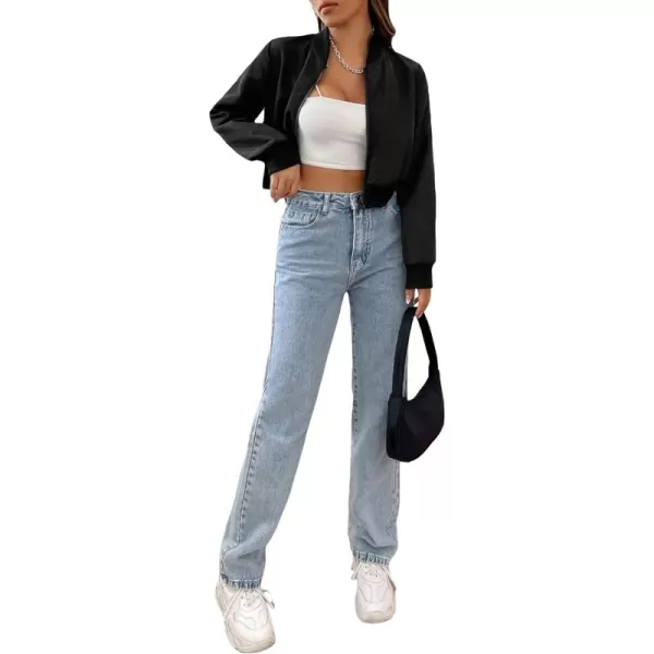 WDIRARA Women's Solid Zip Up Long Sleeve Bomber Jacket Cropped Lightweight Jackets