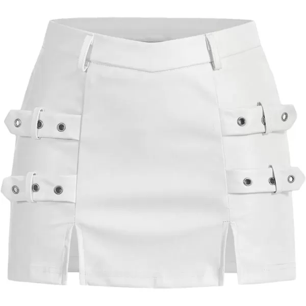 WDIRARA Women's Split Hem Eyelet Belt Side Pu Leather Party Club Bodycon Mini Skirt