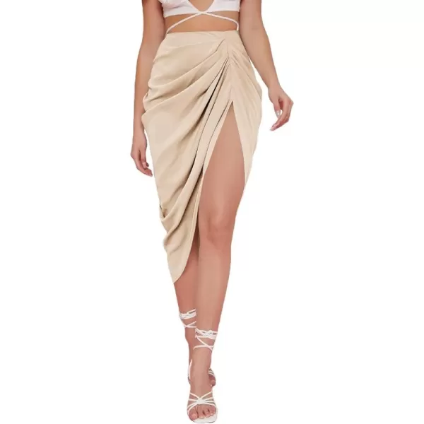 WDIRARA Women's Split Thigh Front Satin High Waist Ruched Zip Back Bodycon Midi Skirt