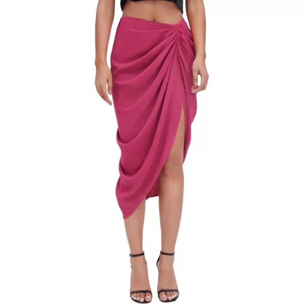 WDIRARA Women's Split Thigh Front Satin High Waist Ruched Zip Back Bodycon Midi Skirt