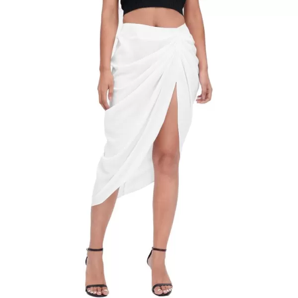 WDIRARA Women's Split Thigh Front Satin High Waist Ruched Zip Back Bodycon Midi Skirt