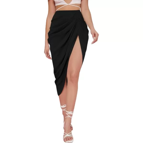 WDIRARA Women's Split Thigh Front Satin High Waist Ruched Zip Back Bodycon Midi Skirt