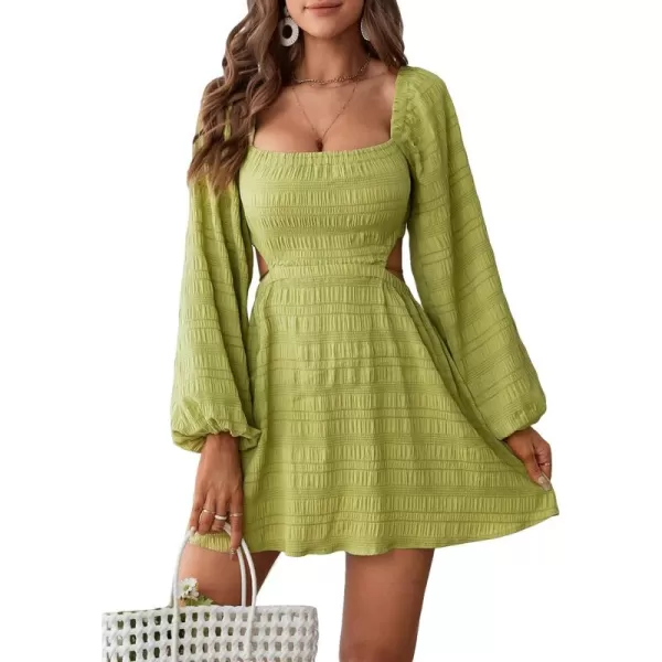 WDIRARA Women's Square Neck Cut Out Waist Bishop Long Sleeve Tie Backless Flared A Line Dress