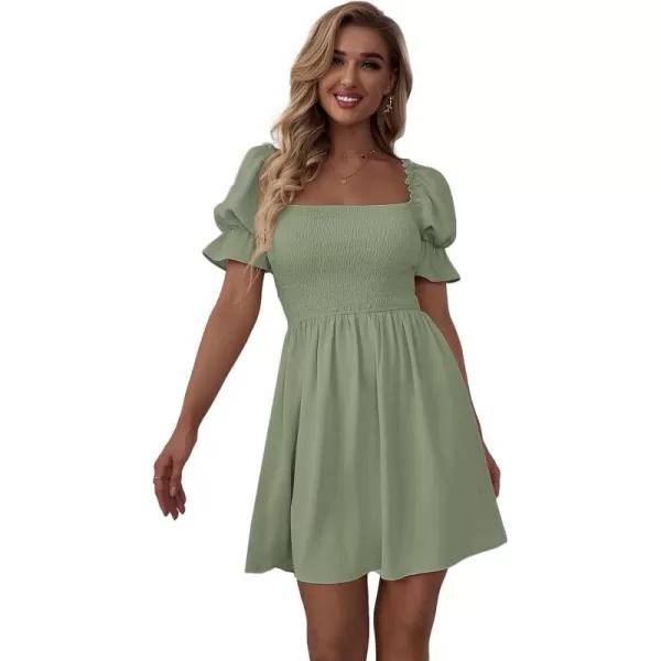 WDIRARA Women's Square Neck Flounce Short Sleeve Shirred Ruffle Hem Dress