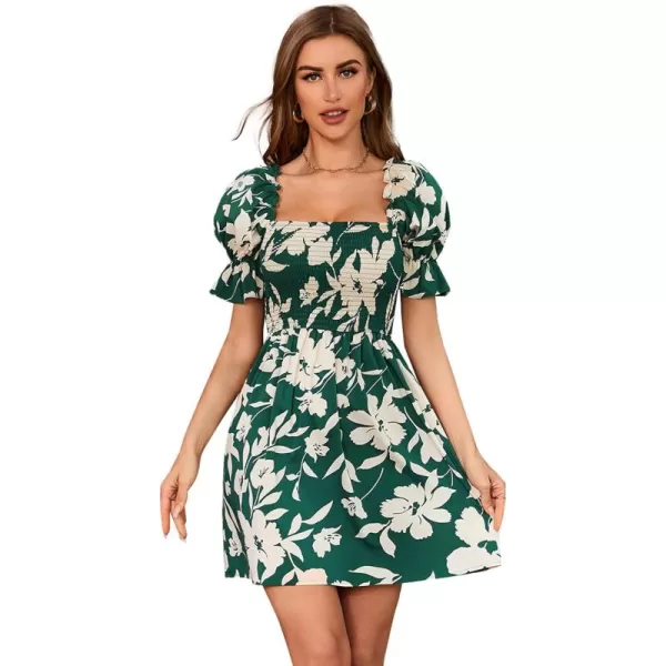 WDIRARA Women's Square Neck Flounce Short Sleeve Shirred Ruffle Hem Dress