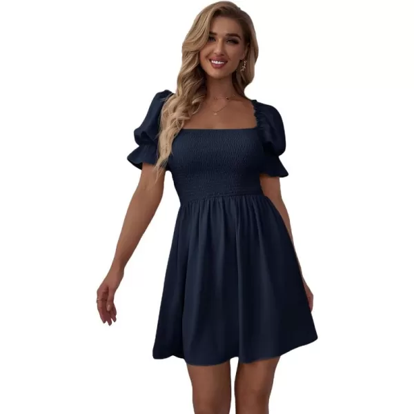 WDIRARA Women's Square Neck Flounce Short Sleeve Shirred Ruffle Hem Dress