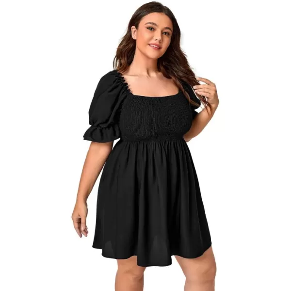 WDIRARA Women's Square Neck Flounce Short Sleeve Shirred Ruffle Hem Dress