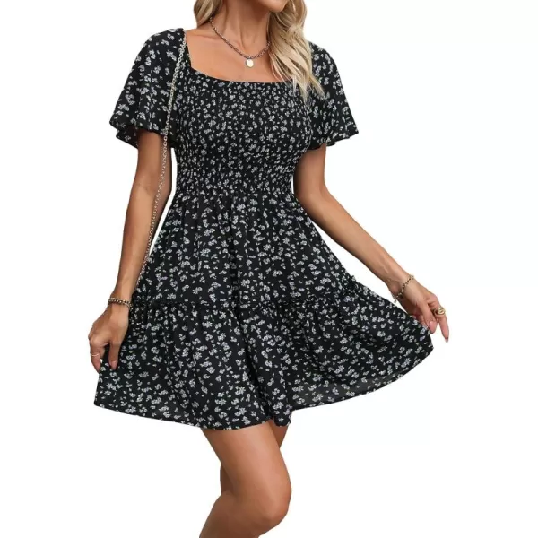 WDIRARA Women's Square Neck Flounce Short Sleeve Shirred Ruffle Hem Dress