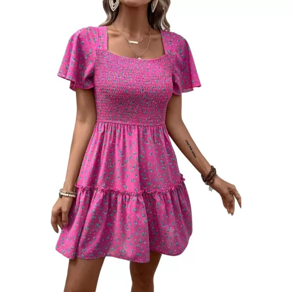 WDIRARA Women's Square Neck Flounce Short Sleeve Shirred Ruffle Hem Dress