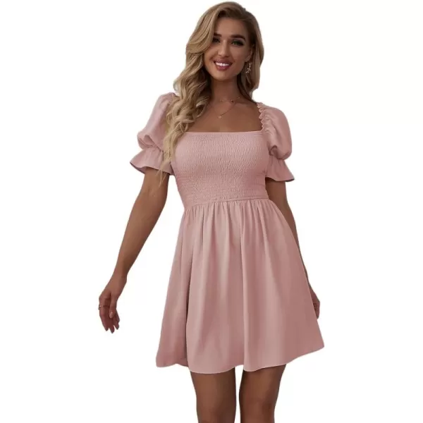 WDIRARA Women's Square Neck Flounce Short Sleeve Shirred Ruffle Hem Dress