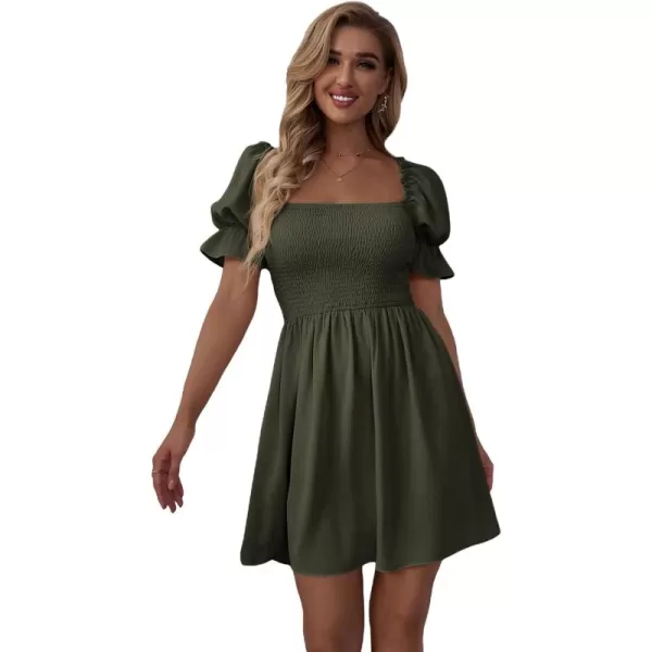 WDIRARA Women's Square Neck Flounce Short Sleeve Shirred Ruffle Hem Dress