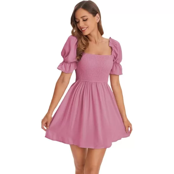 WDIRARA Women's Square Neck Flounce Short Sleeve Shirred Ruffle Hem Dress