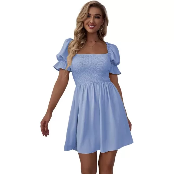 WDIRARA Women's Square Neck Flounce Short Sleeve Shirred Ruffle Hem Dress