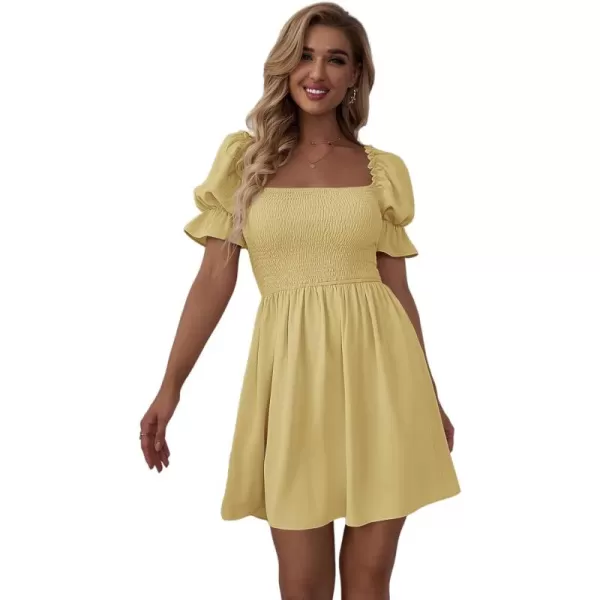 WDIRARA Women's Square Neck Flounce Short Sleeve Shirred Ruffle Hem Dress