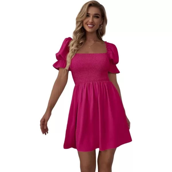 WDIRARA Women's Square Neck Flounce Short Sleeve Shirred Ruffle Hem Dress