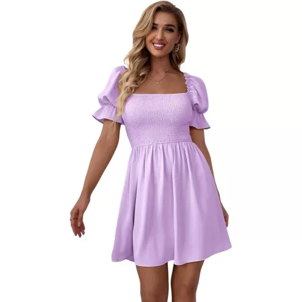 WDIRARA Women's Square Neck Flounce Short Sleeve Shirred Ruffle Hem Dress