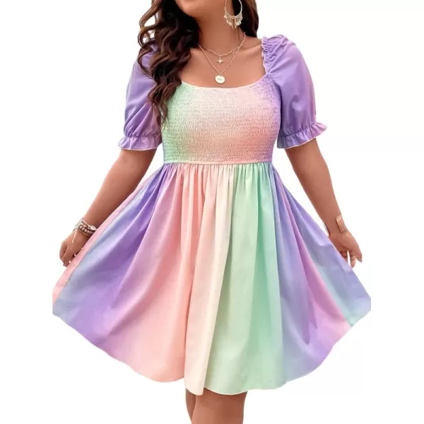 WDIRARA Women's Square Neck Flounce Short Sleeve Shirred Ruffle Hem Dress