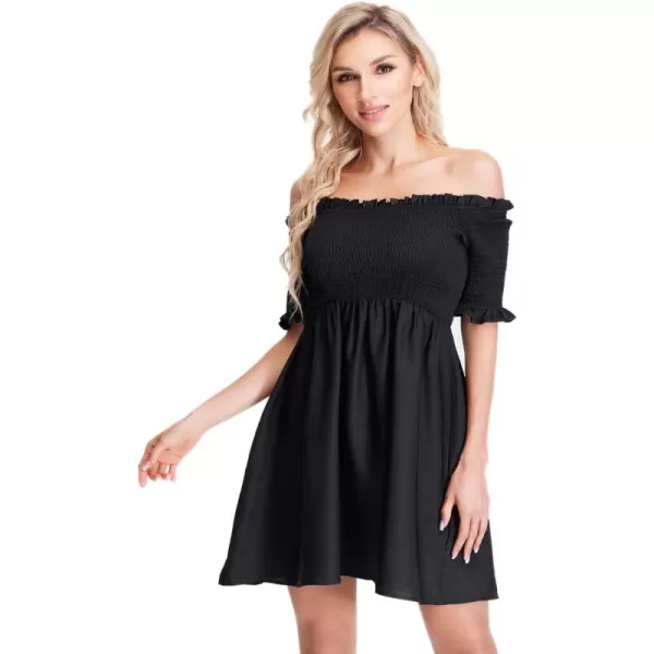 WDIRARA Women's Square Neck Flounce Short Sleeve Shirred Ruffle Hem Dress