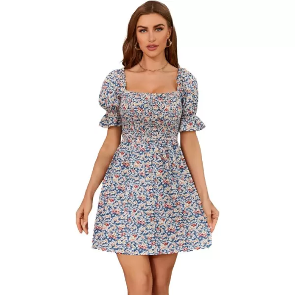 WDIRARA Women's Square Neck Flounce Short Sleeve Shirred Ruffle Hem Dress