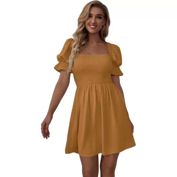 WDIRARA Women's Square Neck Flounce Short Sleeve Shirred Ruffle Hem Dress