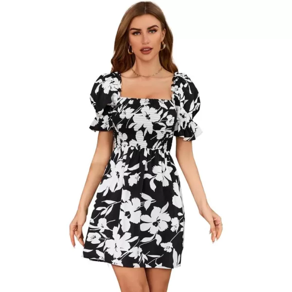 WDIRARA Women's Square Neck Flounce Short Sleeve Shirred Ruffle Hem Dress