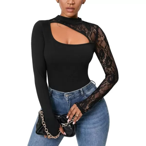 WDIRARA Women's Square Neck Mesh Long Sleeve Elegant Simple Fitted Top Bodysuit