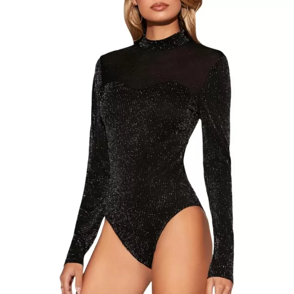 WDIRARA Women's Square Neck Mesh Long Sleeve Elegant Simple Fitted Top Bodysuit