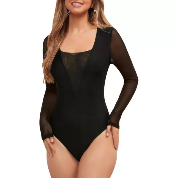 WDIRARA Women's Square Neck Mesh Long Sleeve Elegant Simple Fitted Top Bodysuit