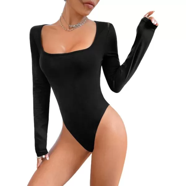 WDIRARA Women's Square Neck Mesh Long Sleeve Elegant Simple Fitted Top Bodysuit