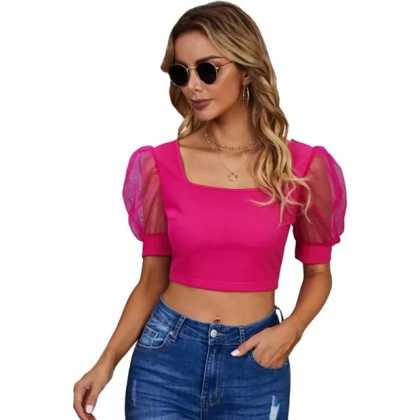 WDIRARA Women's Square Neck Mesh Puff Short Sheer Sleeve Crop Top Slim T Shirt