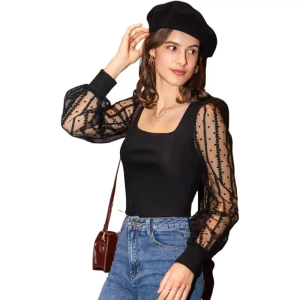 WDIRARA Women's Square Neck Mesh Sheer Bishop Long Sleeve Top Bouse Shirt
