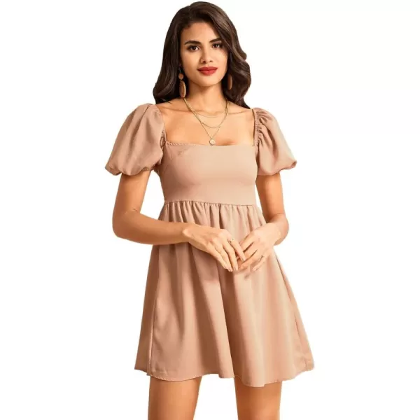 WDIRARA Women's Square Neck Puff Short Sleeve Backless Ruffle Hem A Line Dress