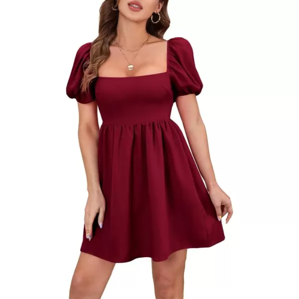 WDIRARA Women's Square Neck Puff Short Sleeve Backless Ruffle Hem A Line Dress