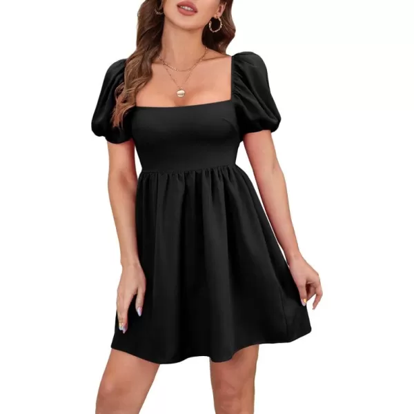 WDIRARA Women's Square Neck Puff Short Sleeve Backless Ruffle Hem A Line Dress