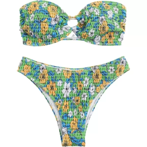 WDIRARA Women's Strapless Bandeau Smocked 2 Piece Swimsuit Floral Print O Ring Cheeky Bottom Bikini Set Bathing Suit