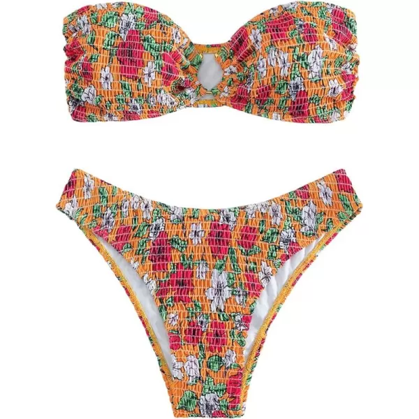 WDIRARA Women's Strapless Bandeau Smocked 2 Piece Swimsuit Floral Print O Ring Cheeky Bottom Bikini Set Bathing Suit