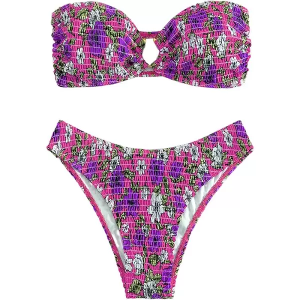 WDIRARA Women's Strapless Bandeau Smocked 2 Piece Swimsuit Floral Print O Ring Cheeky Bottom Bikini Set Bathing Suit