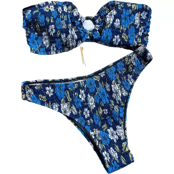 WDIRARA Women's Strapless Bandeau Smocked 2 Piece Swimsuit Floral Print O Ring Cheeky Bottom Bikini Set Bathing Suit