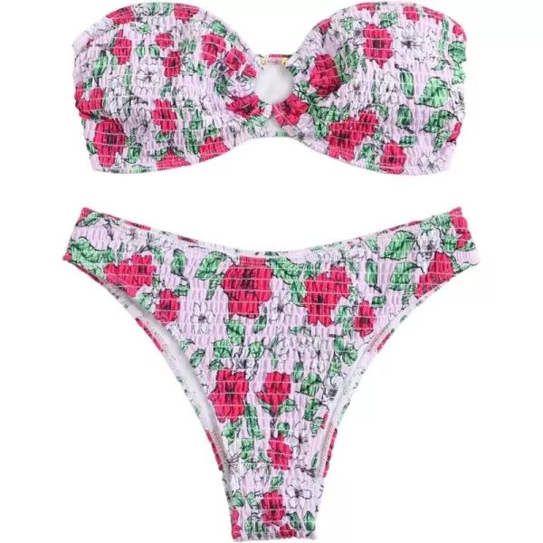 WDIRARA Women's Strapless Bandeau Smocked 2 Piece Swimsuit Floral Print O Ring Cheeky Bottom Bikini Set Bathing Suit