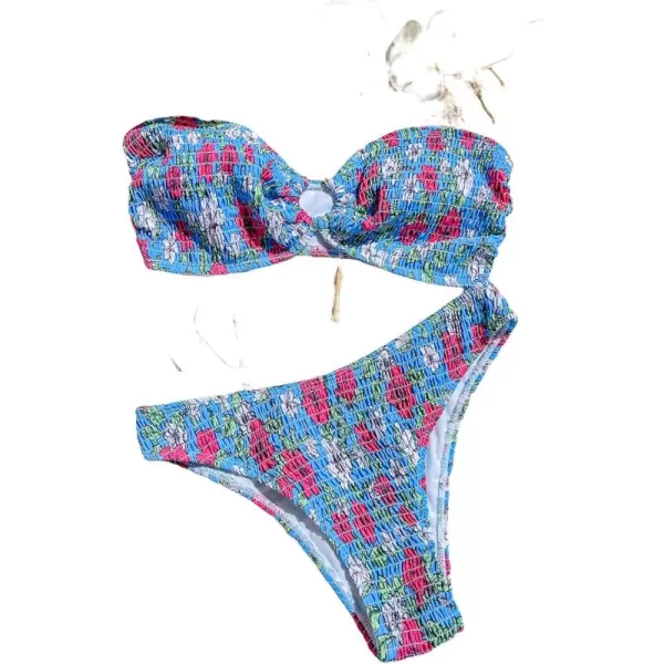 WDIRARA Women's Strapless Bandeau Smocked 2 Piece Swimsuit Floral Print O Ring Cheeky Bottom Bikini Set Bathing Suit