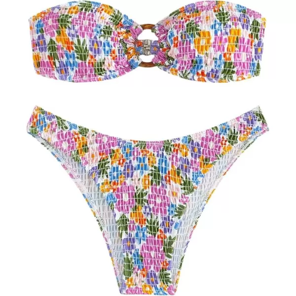 WDIRARA Women's Strapless Bandeau Smocked 2 Piece Swimsuit Floral Print O Ring Cheeky Bottom Bikini Set Bathing Suit