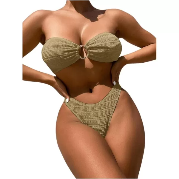 WDIRARA Women's Strapless Bandeau Smocked 2 Piece Swimsuit Floral Print O Ring Cheeky Bottom Bikini Set Bathing Suit