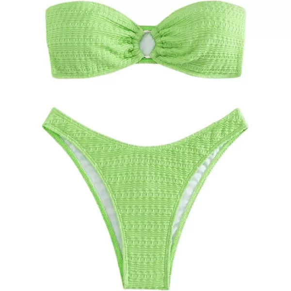 WDIRARA Women's Strapless Bandeau Smocked 2 Piece Swimsuit Floral Print O Ring Cheeky Bottom Bikini Set Bathing Suit