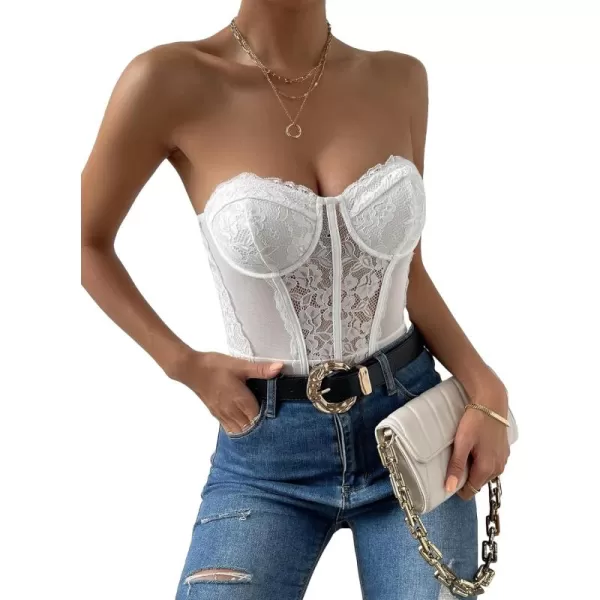 WDIRARA Women's Strapless Sheer Mesh Lace Bustier Sexy Fitted Tube Bodysuit Top