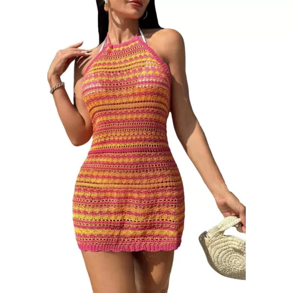 WDIRARA Women's Striped Halter Neck Bikini Cover Up Sleeveless Tie Back Slim Fit Beach Mini Dress
