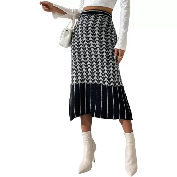 WDIRARA Women's Striped High Waisted Geo Print Chevron Knit Casual Midi Skirt