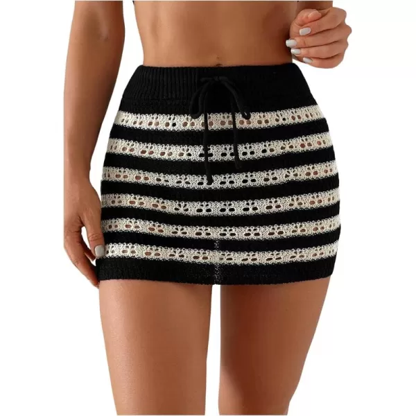 WDIRARA Women's Striped Hollow Out Coverups Knit Cover Up Mini Skirt Beach Swimwear