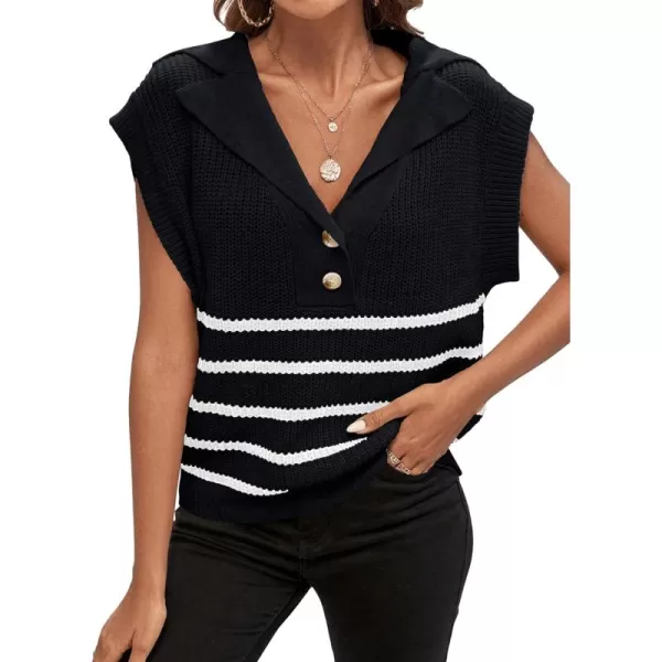 WDIRARA Women's Striped Print Button Front Knitwear Short Sleeve Lapel Neck Sweater Vest