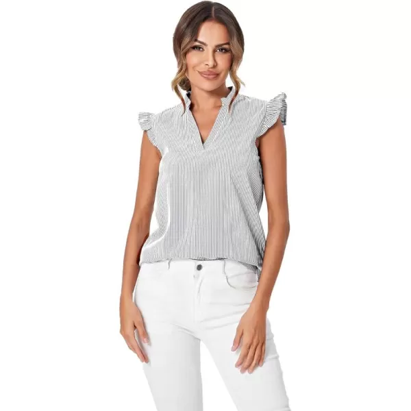 WDIRARA Women's Striped Ruffle Cap Sleeve Notched V Neck Blouse Top Shirt